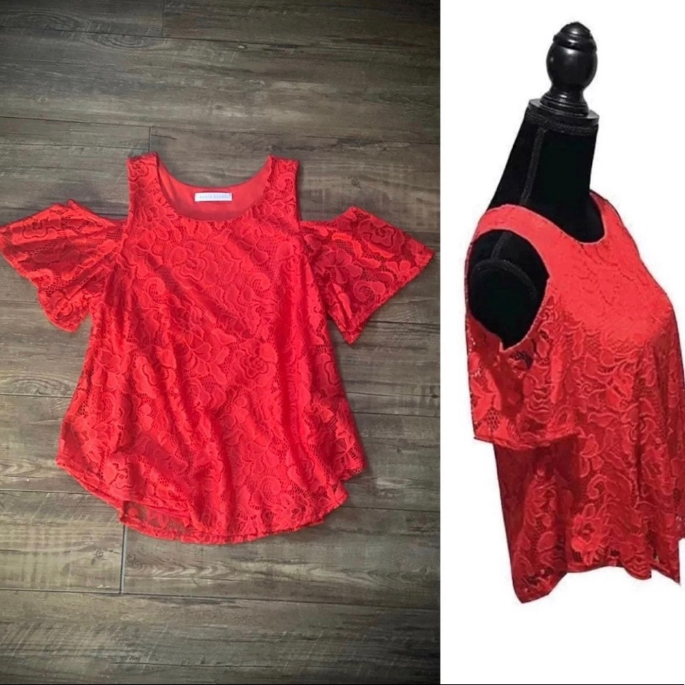 Red lace cold shoulder top